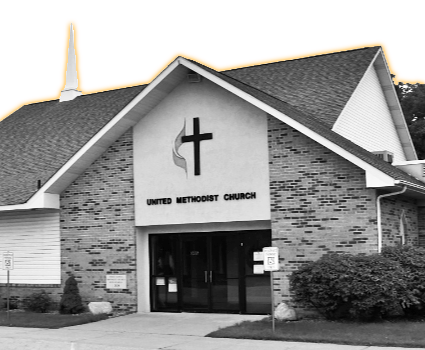 Picture of the First United Methodist Church of New Lothrop in black and white featuring a steeple on the left and logo above main entrance.